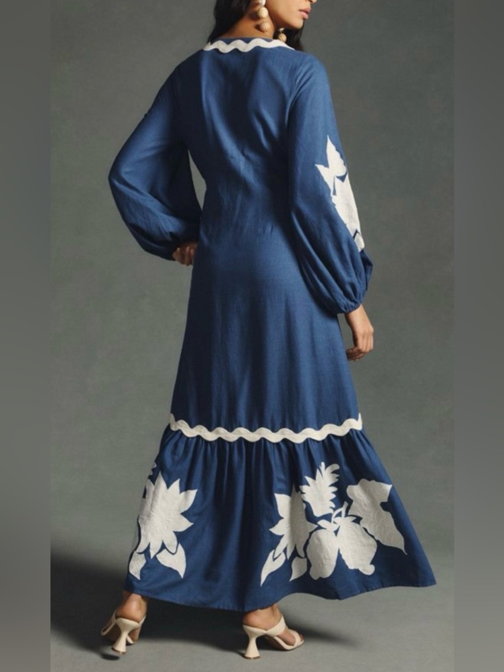 Farm Rio  Navy Blue White Floral Embroidery long sleeves Maxi Dress S XS - Picture 2 of 13